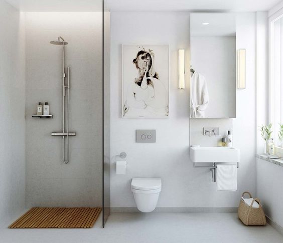 oświetlenie łazienkowe w postaci taśm led, zastosowane jako oświetlenie boczne lustra w białej nowoczesnej łazience z prysznicem i podwieszaną muszką