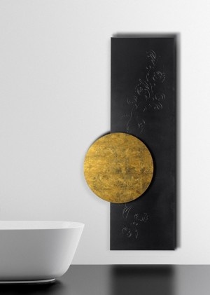 nowoczesne grzejniki łazienkowe np. w formie dwóch kształtów i kolorów: złota i czerni