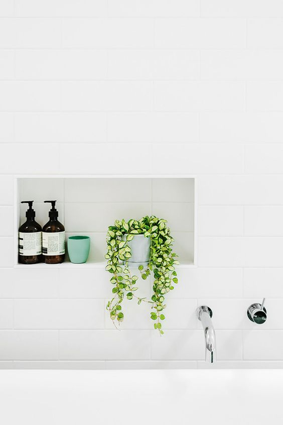 biała łazienka z czarnymi dodatkami i zielenią